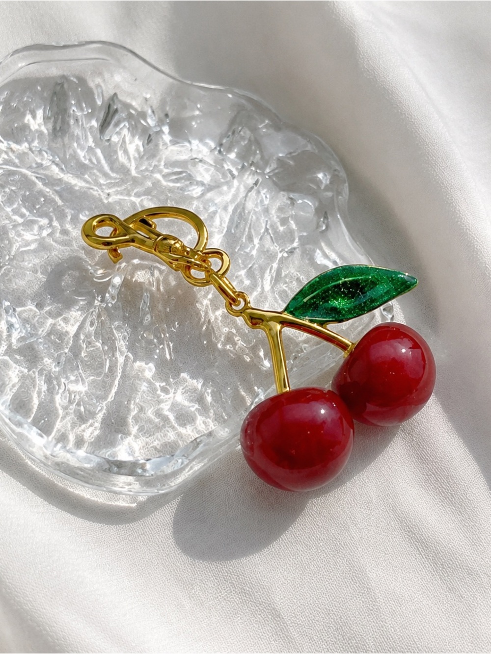 Coach Gold-Tone Cherry Brooch with Red Enamel Cherries and Green Leaf